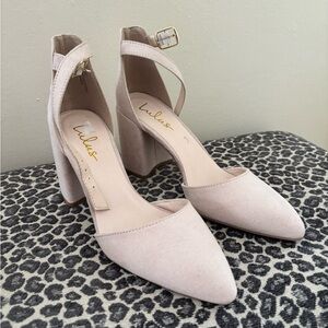 Lulus Ellarose Light Blush Colored Suede Ankle Strap Heels, size 7